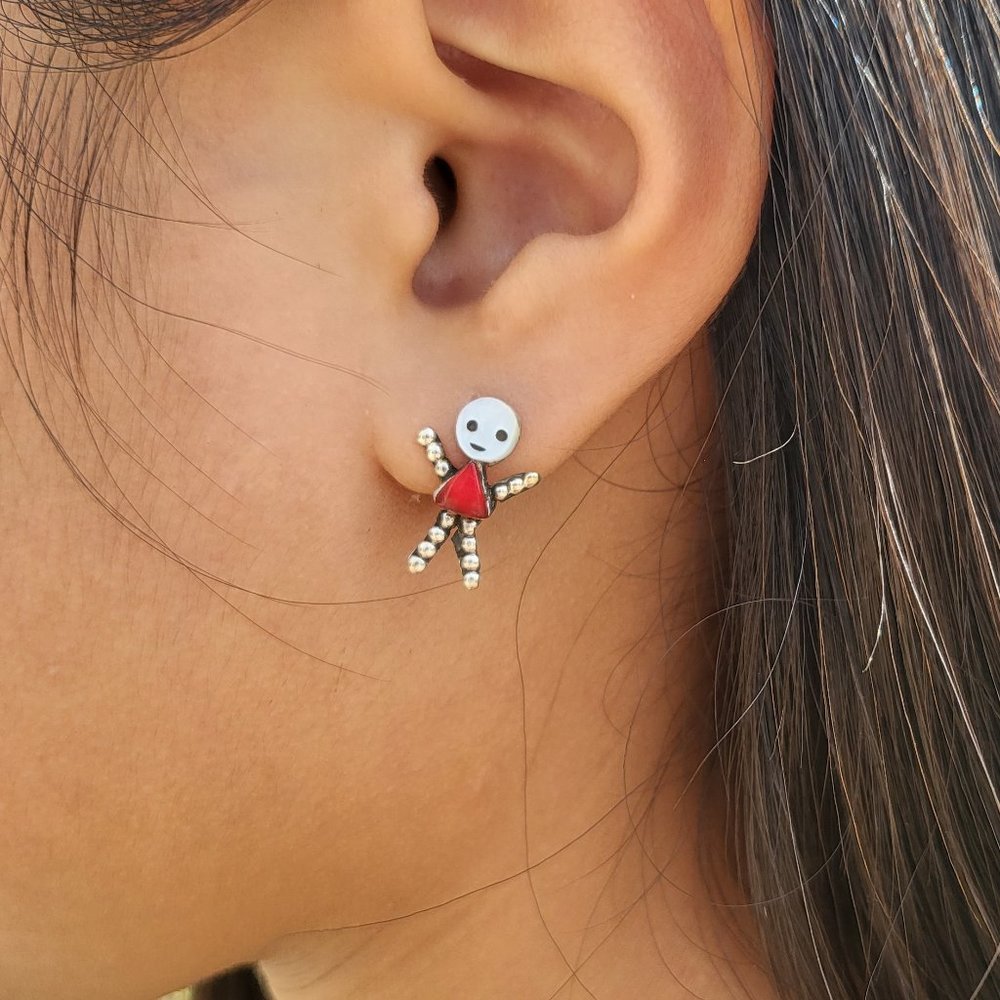 Zuni Human Figure Stud Earrings Native American Handmade Sterling Silver Jewelry